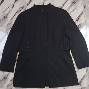 Tailored Wool Blend Funnel Neck Hidden Button Coat Women M Black Side Tab Detail